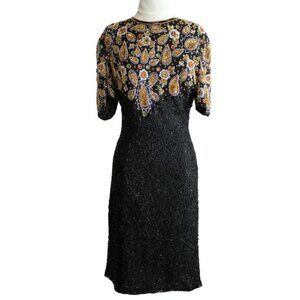 Night Vogue SZ Med 100% Silk Beaded & Sequin Black Evening Dress